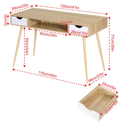 Bureau en bois Elodie avec 2 tiroirs, 1 compartiment ouvert, structure en acier, table d'étude et d'ordinateur