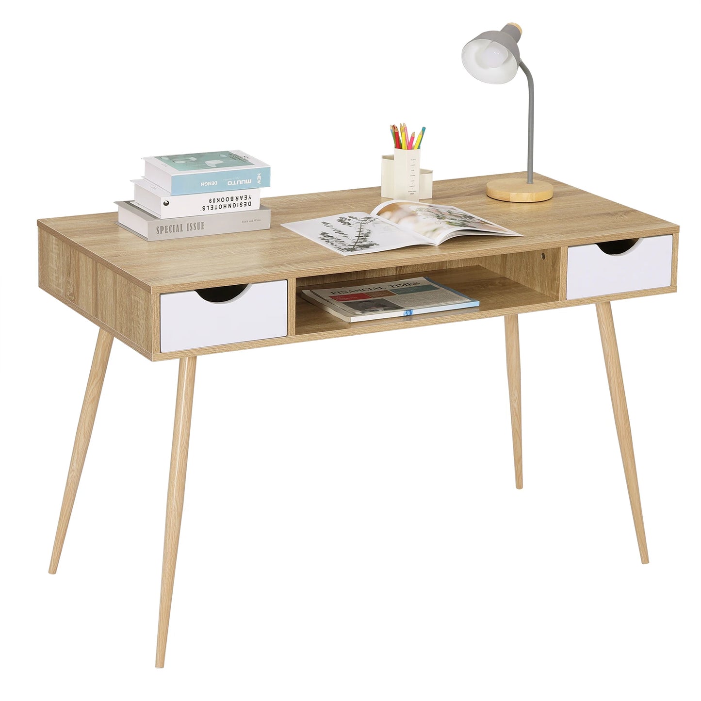 Bureau en bois Elodie avec 2 tiroirs, 1 compartiment ouvert, structure en acier, table d'étude et d'ordinateur