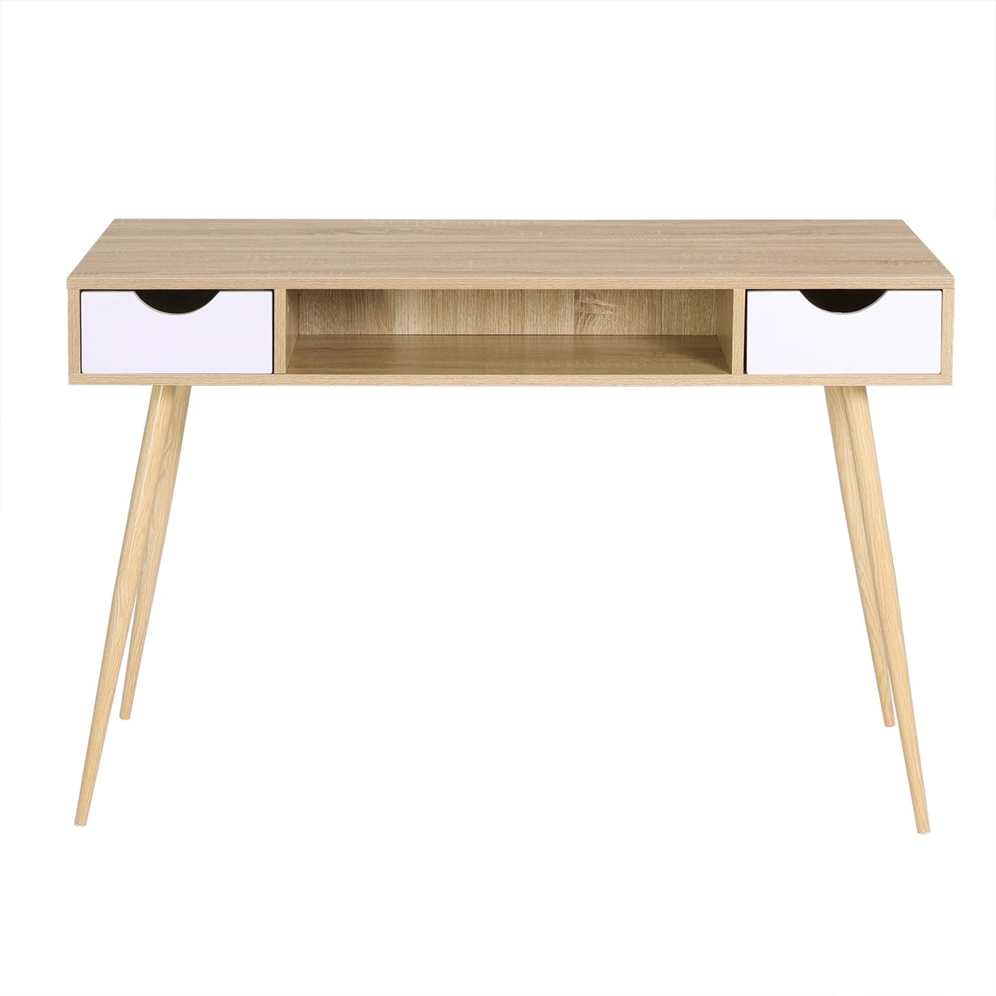 Bureau en bois Elodie avec 2 tiroirs, 1 compartiment ouvert, structure en acier, table d'étude et d'ordinateur