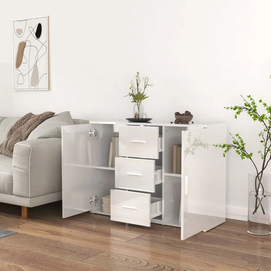 Buffet Noah Blanc Brillant - Design Minimaliste, Rangement Spacieux